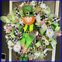 XL Leprechaun St. Patrick’s Day Shamrock Mesh Door Wreath Home Decor Decoration