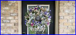 XL Morning Glory & Lilac Floral Deco Mesh Front Door Wreath Summer Spring Decor