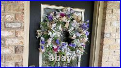 XL Morning Glory & Lilac Floral Deco Mesh Front Door Wreath Summer Spring Decor