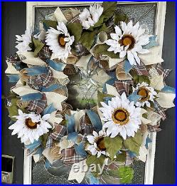 XL PRETTY White Sunflower Fall Floral Deco Mesh Wreath Thanksgiving Home Decor