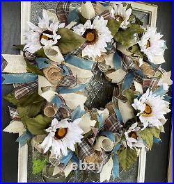 XL PRETTY White Sunflower Fall Floral Deco Mesh Wreath Thanksgiving Home Decor