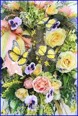 XL Spring Summer Wreath Grapevine Wreath Dancing Butterflies Wispy Yellow Peach
