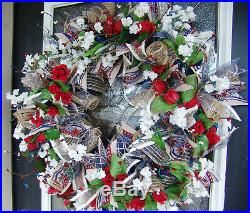 XL Summer Americana Patriotic Deco Mesh Door Wreath, Farmhouse Decor Decoration