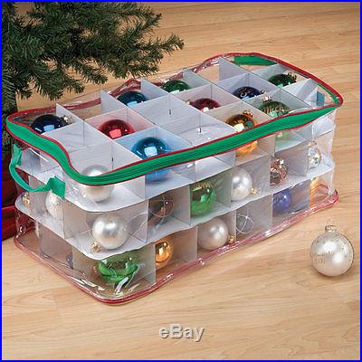 XMAS Ornament Storage Box w/ Handles Zippered Vinyl Bulb Organizer Holds 54 Tree