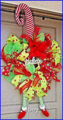 X-Large Christmas Holiday Elf Hat & Legs Deco Mesh BELIEVE Wreath Door Decor