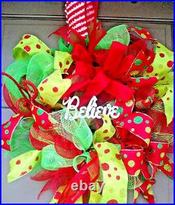 X-Large Christmas Holiday Elf Hat & Legs Deco Mesh BELIEVE Wreath Door Decor