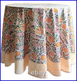 Yellow 100% Cotton Round Tablecloth, Handblock Print 90 Inches (Round) Clover