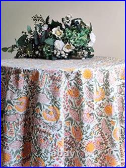 Yellow 100% Cotton Round Tablecloth, Handblock Print 90 Inches (Round) Clover