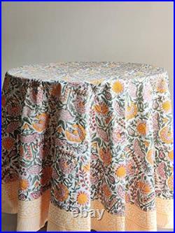 Yellow 100% Cotton Round Tablecloth, Handblock Print 90 Inches (Round) Clover