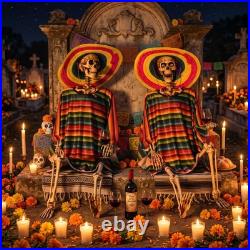 Yescom 2 Pack 5.6ft Life Size Posable Skeleton Halloween Decor with Shawl Sombrero