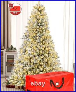 Yexmas 9ft Pre-Lit Snowflake Flocked Christmas Tree, 8 Modes LED Lights, Artificia