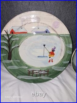 Zrike Winter Frolic Snowman Plate & Bowl Ice Fishing Winter Scene Italy