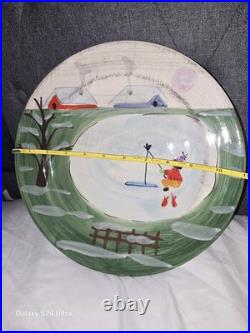 Zrike Winter Frolic Snowman Plate & Bowl Ice Fishing Winter Scene Italy